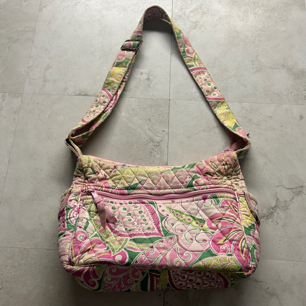 Vera Bradley Crossbody Bag Pink Green Paisley Quilted Cotton Floral Purse